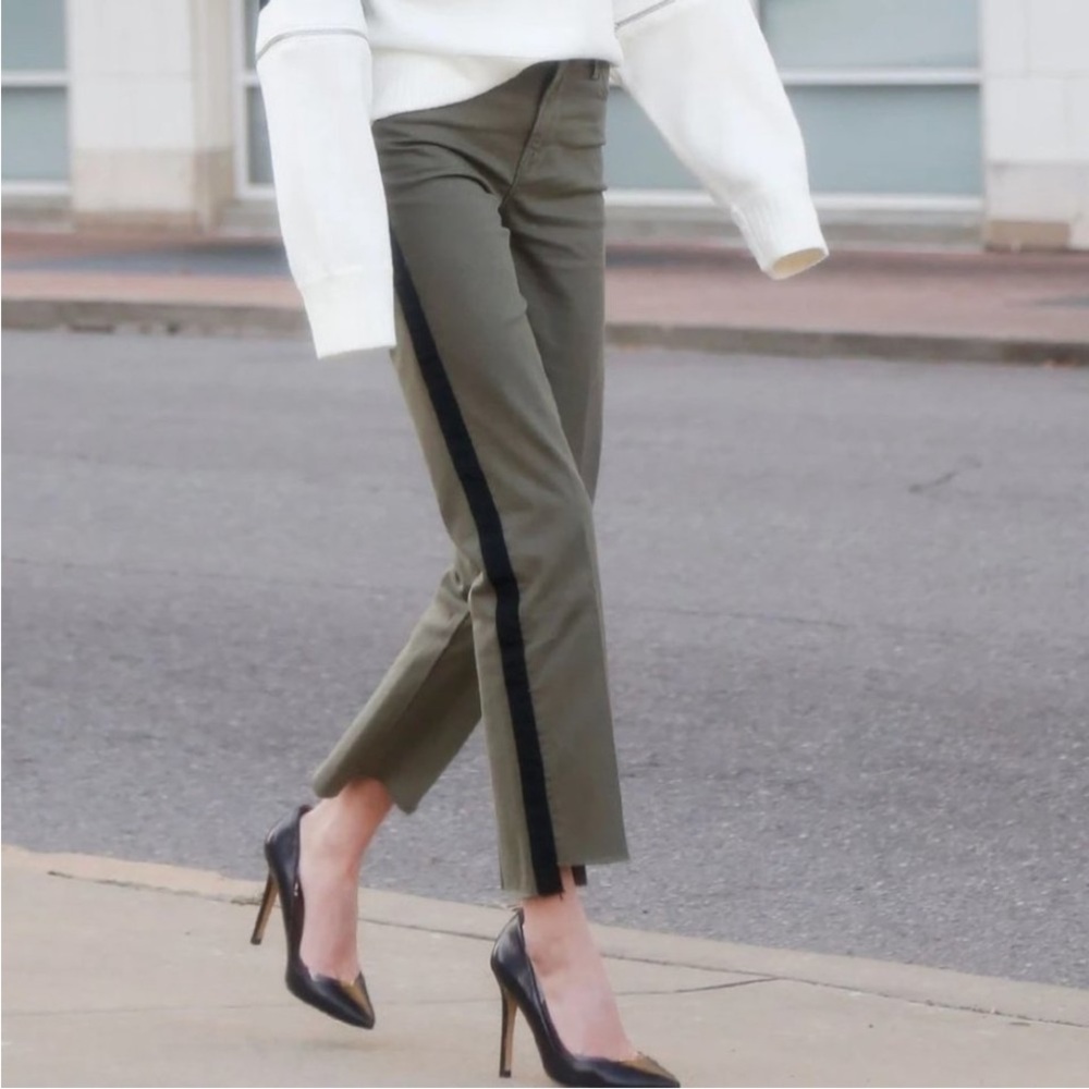 Frame Le High Straight raw step hem w tuxedo grosgrain side stripes